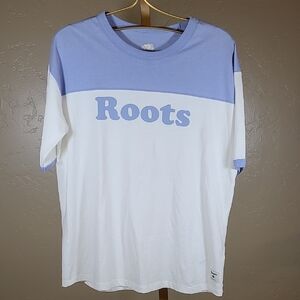 Roots Cream (White?) & Blue Colorblock Logo Tee Size S 100% Cotton